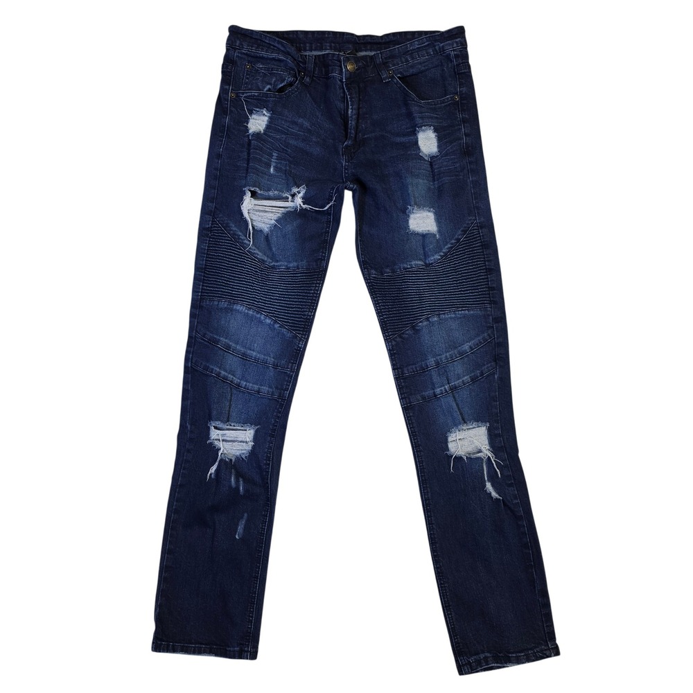 Young & Reckless Moto Jeans 33 Dark Blue Mens Distressed Slim Biker Y&R